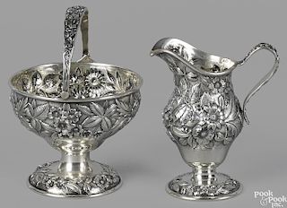 S. Kirk & Sons sterling silver creamer and sugar basket with chased foliate decoration