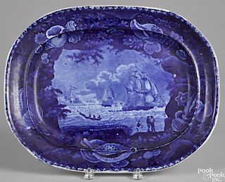 Historical blue Staffordshire platter, 19th c., depicting Christianburg Danish Settlement