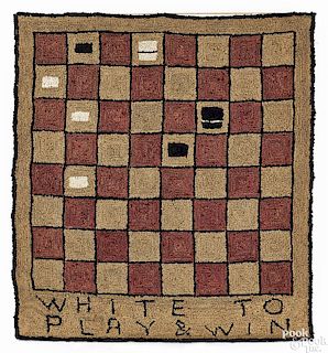 Hooked rug of a checkerboard, 20th c., inscribed White to Play & Win, 36 1/2'' x 40''.