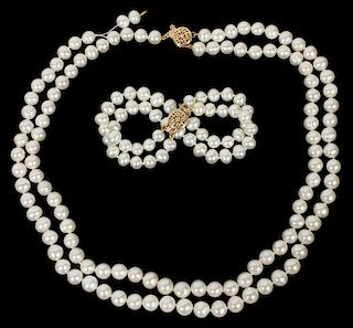 14KT GOLD AND PEARL NECKLACE & BRACELET 2 PIECES