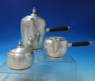 Beaded by Georg Jensen Sterling Silver Chocolate Pot Set 3pc #187 (#5925)