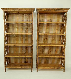 Pair of Contemporary "Tortoiseshell" Bamboo Bookcases
