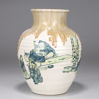 Japanese Glazed Kyoto Ware Pottery Vase