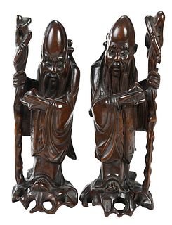 Pair of Chinese Shou Lao Carved Wooden Figures