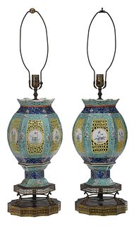 Pair Chinese Famille Rose Wedding Lanterns as Lamps