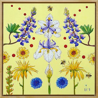 LISA SKYHEART MARSHALL, "Lupine Iris Bachelor Button," Watercolor, ink and acrylic on board
