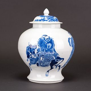 BLUE AND WHITE 'FIGURAL' JAR AND COVER, XUANDE MARK 