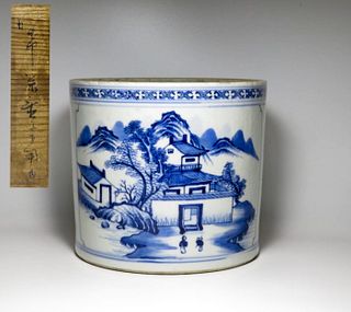 A BLUE AND WHITE 'LANDSCAPE' BRUSH POT, QIANLONG PERIOD, QING DYNASTY 