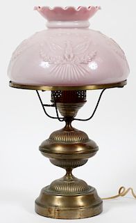 ELECTRIFIED OIL LAMP BRASS W/ PINK TO WHITE GLASS