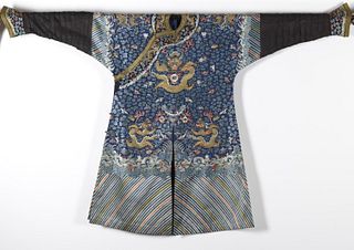 A CHINESE BLUE SILK EMBROIDERED DRAGON ROBE, QING DYNASTY