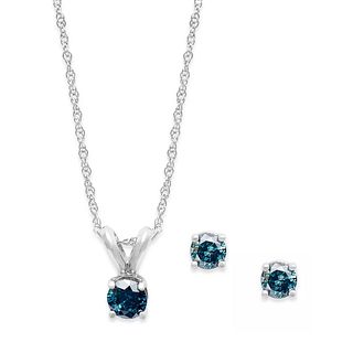 10K WHITE GOLD BLUE DIAMOND NECKLACE AND EARRING SET 