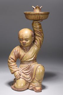 Chinese Glazed Ceramic Candlestick of Boy