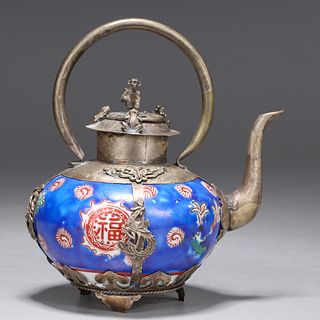 Chinese Vintage Porcelain & Metal Teapot
