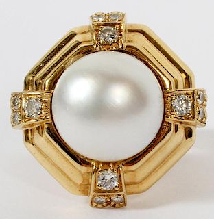 MABE PEARL AND DIAMOND GOLD RING