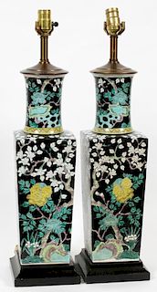 CHINESE FAMILLE NOIRE VASES CONVERTED TO LAMPS