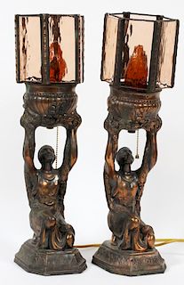 ART DECO STYLE GILT SPELTER FIGURAL TABLE LAMPS