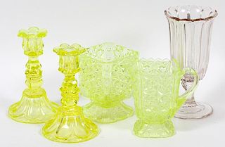VICTORIAN VASELINE GLASS CANDLESTICKS ETC. 19TH