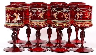 MURANO BLOWN RED GLASS & ENAMEL WATER GOBLETS