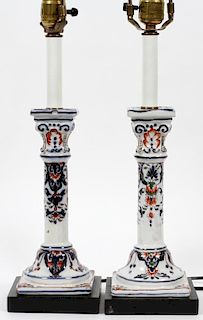 FRENCH FAIENCE CANDLESTICKS MOUNTED AS LAMPS PAIR