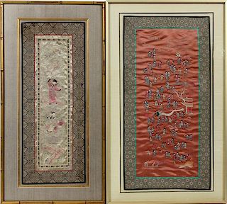 CHINESE EMBROIDERED SILK PANELS, TWO