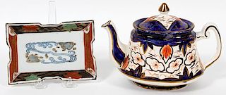 ENGLISH PORCELAIN TEAPOT AND TRAY TWO PIECES