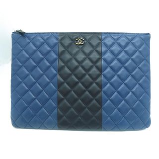 Chanel Quilted CC Clutch Bag Lambskin Leather Blue Black