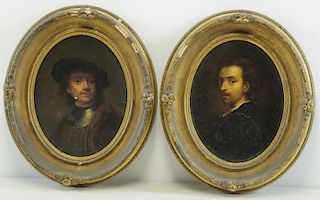 After Rembrandt. Pair of 19th C. Oil on Canvas