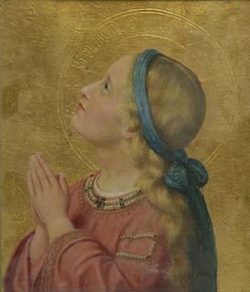 Unsigned Oil and Gold Leaf on Panel. Girl Praying.