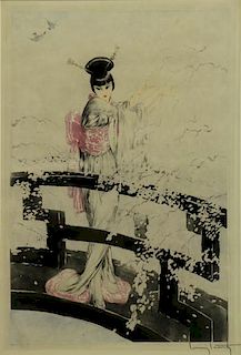 ICART, Louis. Color Etching "Geisha on a Bridge".