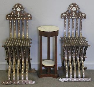 Mother of Pearl Inlaid Chairs and a Pedestal.