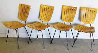 Midcentury Set of 4 Slat and Iron Dining Chairs.