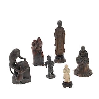 Group (6) Asian hardwood or bronze figures