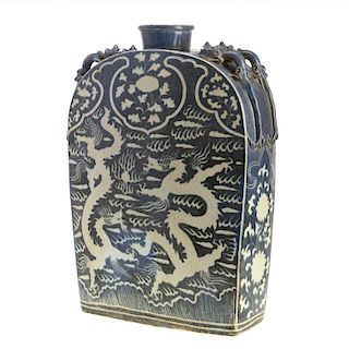 Lg Chinese blue and white porcelain dragon flask