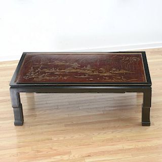 Red japanned panel set in later coffee table base
