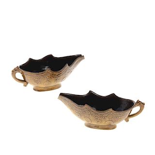 Pair Chinese brown glazed earthenware sauce boats