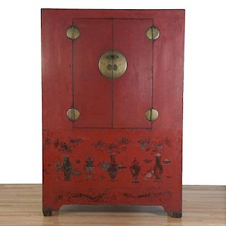 Antique Chinese red lacquer wedding cabinet