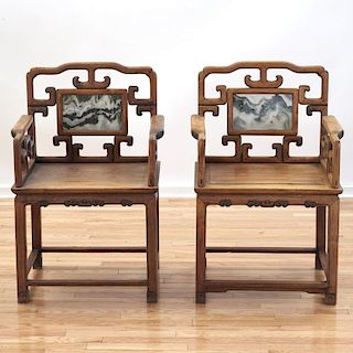 Pair Chinese marble inset hardwood open armchairs