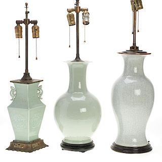 (3) Chinese celadon glazed porcelain vase lamps