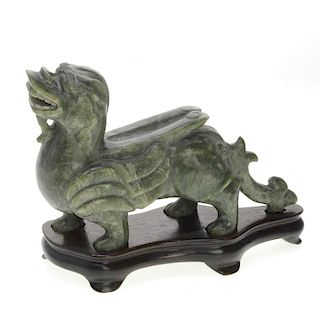 Chinese spinach jade carving of a foo lion