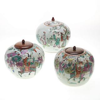 Set (3) Chinese famille rose globular covered jars