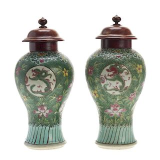 Pair Chinese famille vert jars with cover
