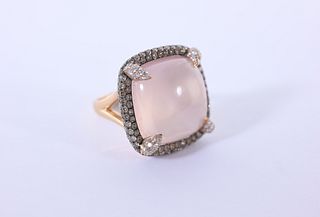 18K Gold, Rose Quartz & Diamond Ring