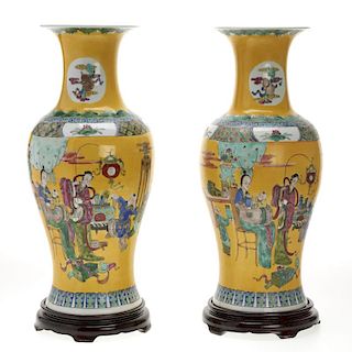 Pair large Chinese yellow ground baluster vases