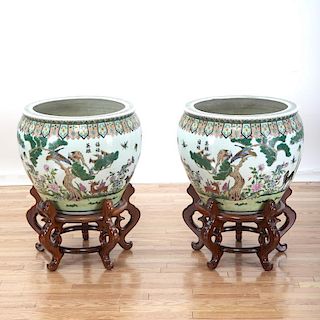 Pair Chinese Export famille vert fish bowls