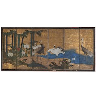 Antique Japanese 6-panel painted paper screen