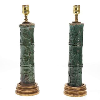 Pair Asian glazed stoneware bamboo form vases