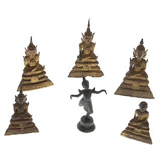 Collection (6) Thai bronze Buddha figures