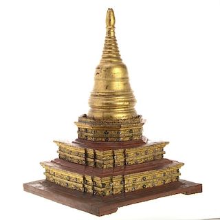 Southeast Asian carved giltwood 3-tier stupa