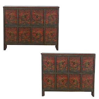 Antique Tibetan two-part paint decorated cabinet