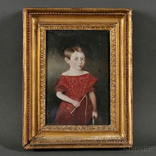 Anglo-American School, 19th Century      Small Portrait of a Boy in a Red Dress Holding a Riding Crop.